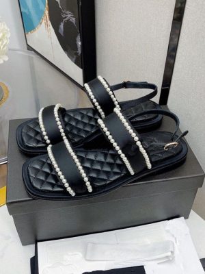 AAAA Replica Chanel Women Fashion Pearl Beaded Square Head Low Heel Flat Sandals
