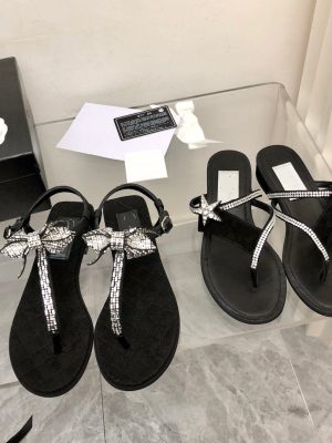 AAAA Replica Chanel Women Rhinestone Bow Flat Sandals