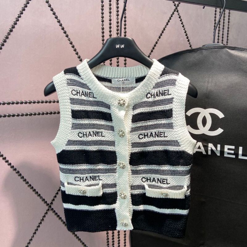 Replica Designer Chanel Trendy Stripe Letter Jacquard Single Breasted Sleeveless Knit Vest