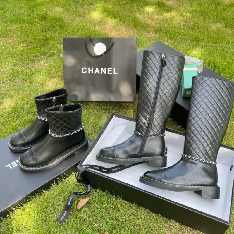 Replica Designer Chanel Women Calfskin Martin Metal Chain Leather Flat Boots