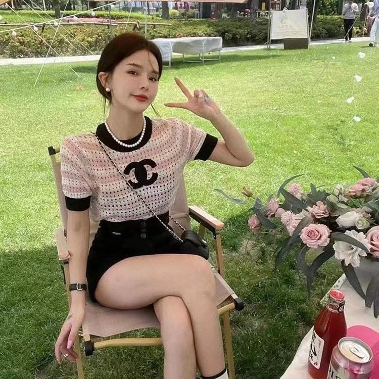 Replica Designer Chanel Women Double C Ice Silk Short-Sleeved Pullover Knitted Blouse