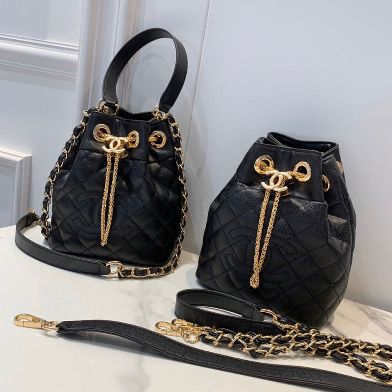 Replica Designer Chanel Women Double C Letters Drawstring Rhombus Chain Bucket Crossbody Bag