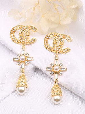 Replica Designer Chanel Women Double C Rhinestones Tassel Earrings