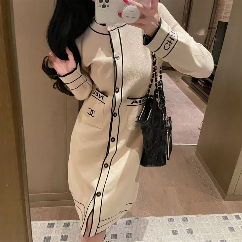 Replica Designer Chanel Women Elegant Round Collar Single Breasted Long Knitted Cardigan
