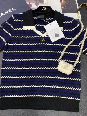 Replica Designer Chanel Women Fashion Contrast Color Stripe Double C Knitted Short-Sleeved Top