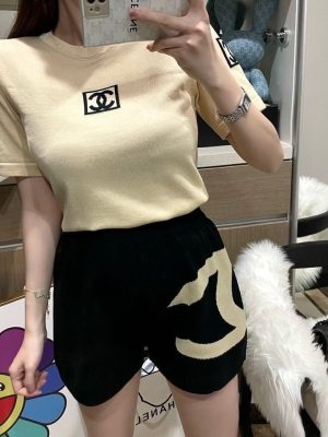 Replica Designer Chanel Women Fashion Double C Letters Knitted Top And Short 2PCS Suit