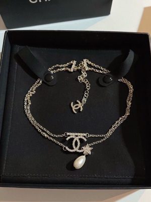 Replica Designer Chanel Women Fashion Double C Letters Pearl Chain Necklace