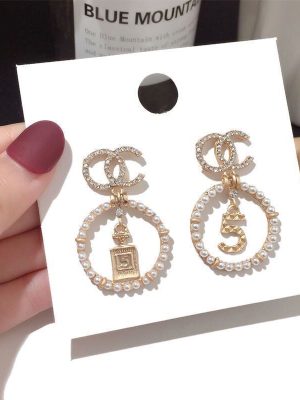 Replica Designer Chanel Women Fashion Double C Pearl Rhinestone Earrings