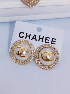 Replica Diseñador Chanel Mujeres Moda Doble C Ronda Pendientes de diamantes de imitación