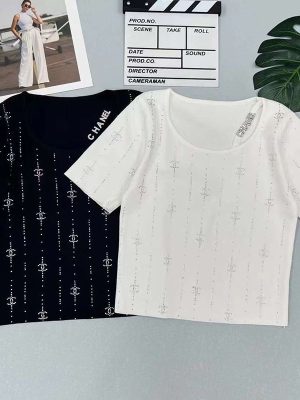 Replica Designer Chanel Women Fashion Hot Drill Stripe Ice Silk Knitted Top