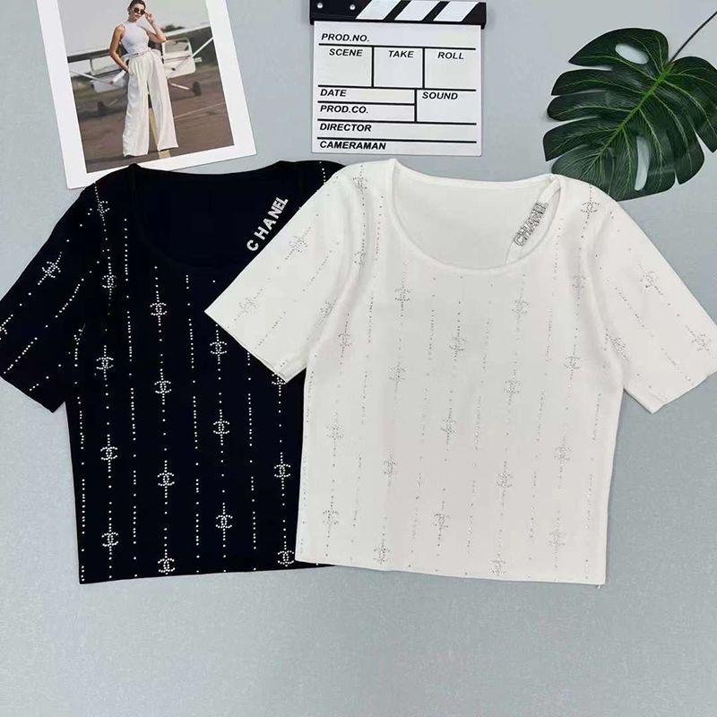Replica Designer Chanel Women Fashion Hot Drill Stripe Ice Silk Knitted Top