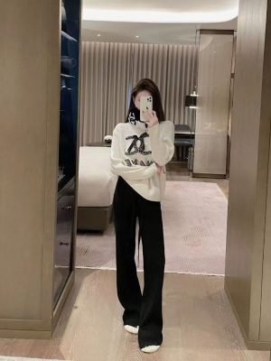 Replica Designer Chanel Women Fashion Letters Rhinestone Bow Decoration Pullover Sweater