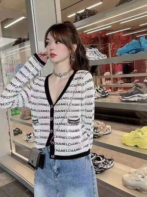 Replica Designer Chanel Women Fashion Long-Sleeved V-Neck Stripe Letters Knitted Cardigan