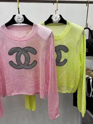Replica Designer Chanel Women Fashion Luminous Double C Knitted Long Sleeve Shoulder Pad Top