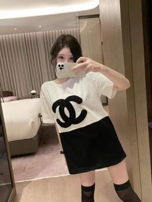 Replica Designer Chanel Women Fashion Mid-Length Double C Short-Sleeved Letter T-Shirt
