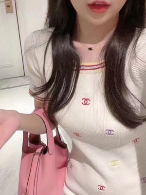 Replica Designer Chanel Women Fashion Multicolor Embroidered Round Neck Knitted Slim Dress