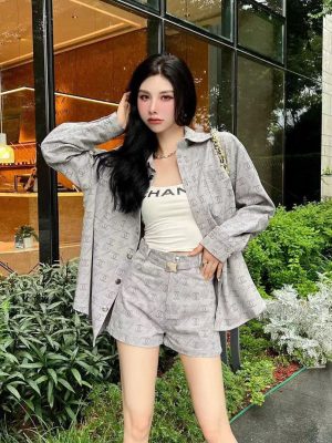 Replica Designer Chanel Women Fashion Printing Double C Denim Jacket And Short Suit