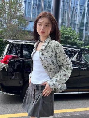 Replica Designer Chanel Women Fashion Printing Double C Jacquard Denim Jacket