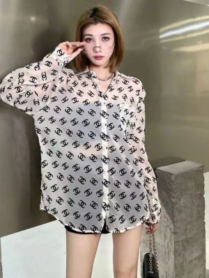 Replica Designer Chanel Women Fashion Printing Long Sleeve Shirt