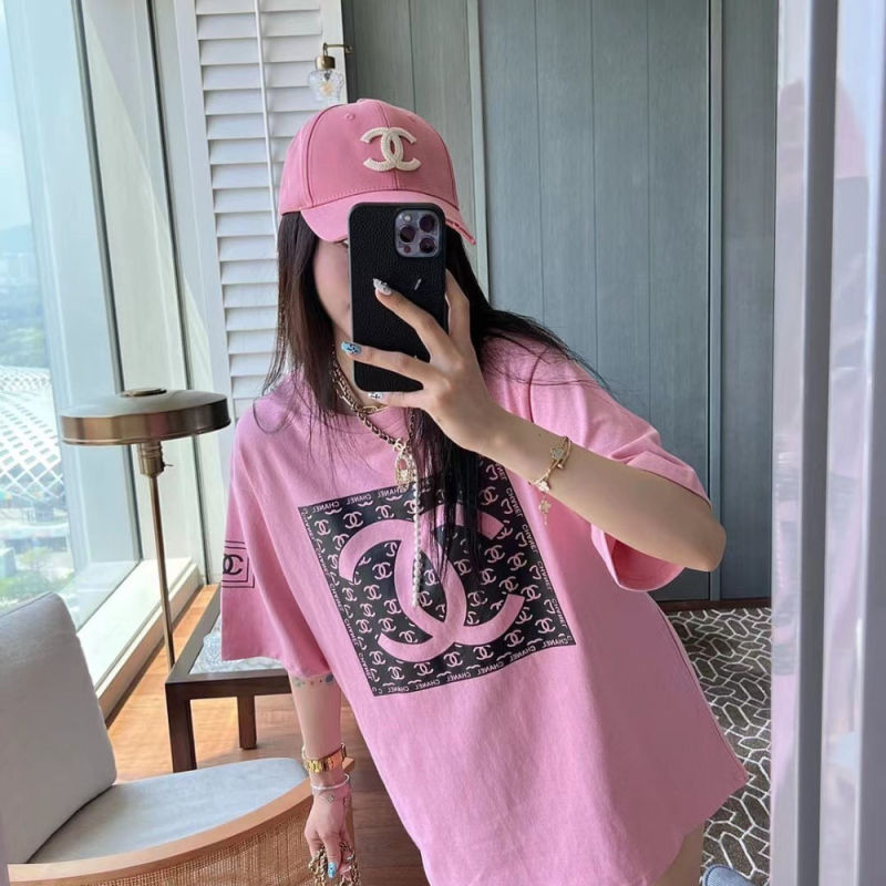 Replica Designer Chanel Women Fashion Printing Pink Short-Sleeved T-Shirt