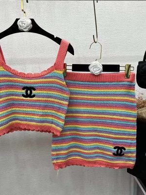 Replica Designer Chanel Women Fashion Rainbow Stripe Ice Silk Camisole And Skirt Knitted Suit