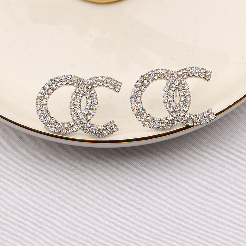 Replica Designer Chanel Women Fashion Rhinestone Double C Letter Earrings