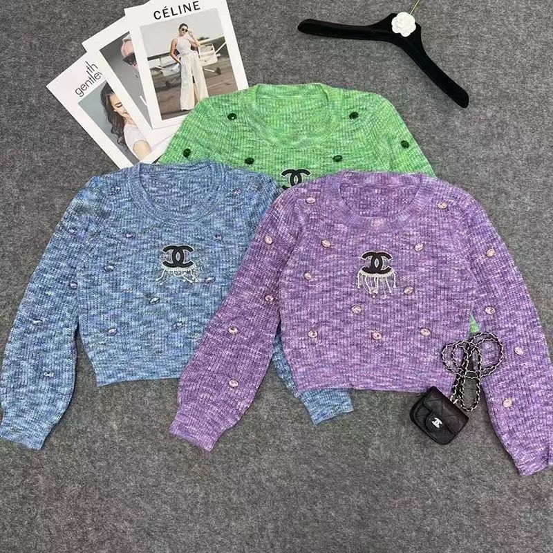 Replica Designer Chanel Women Fashion Rhinestone Knitted Pullover Top