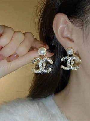 Replica Designer Chanel Women Fashion Rhinestone Pearl Double C Earrings