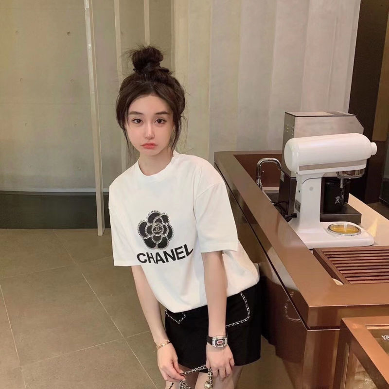 Replica Designer Chanel Women Fashion Rhinestone Printing Short-Sleeved T-shirts