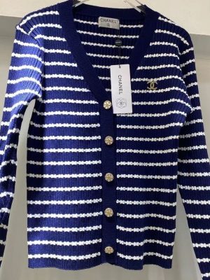 Replica Designer Chanel Women Fashion Striped Wave Pattern Knitted Cardigan