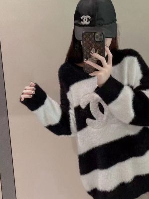 Replica Designer Chanel Women Fashion Velvet Stripe Sweater