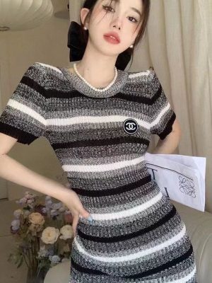 Replica Designer Chanel Women FashionStripe Double C Knitted Slim Dresses