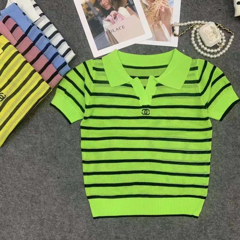 Replica Designer Chanel Women Polo Collar Stripe Color Short-Sleeved Knitted Top