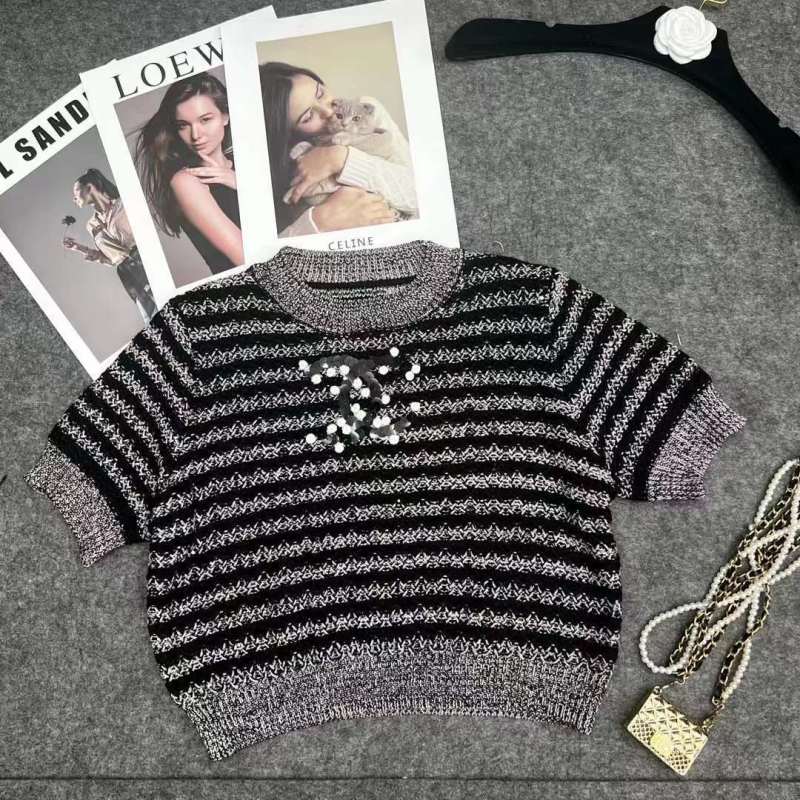 Replica Designer Chanel Women Round Neck Color Stripe Pullover Short-Sleeved Sweater