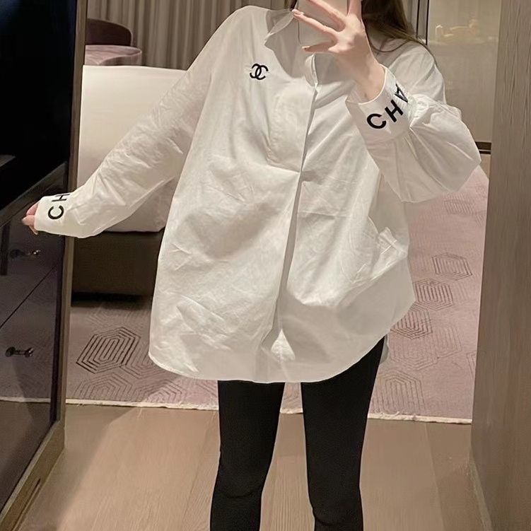 Replica Designer Chanel Women Simple Double C Letters Embroidery Shirt