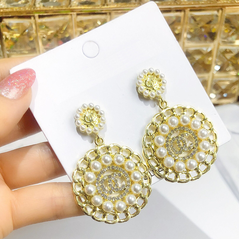 Replica Designer Chanel Women Simple Hollow Pearl Rhinestone Double C Earrings