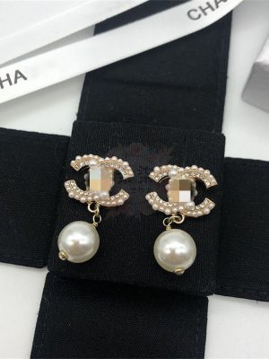 Replica Designer Chanel Women Simple Rhinestone Pearl Double C Earrings