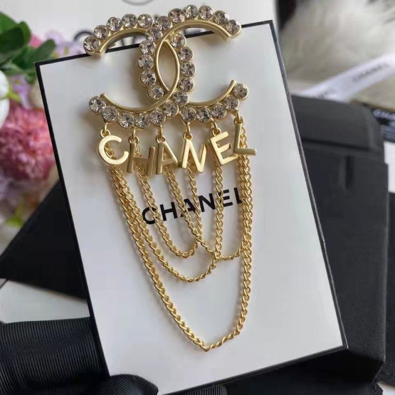 Replica Designer Chanel Women Tassel Double C Letter Rhinestones Brooches