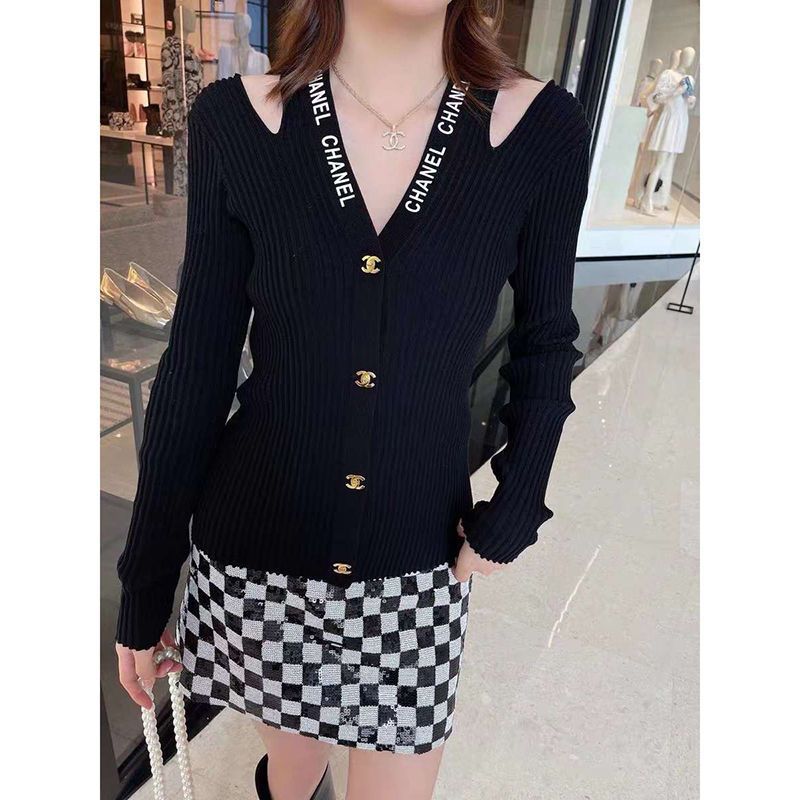 Replica Designer Chanel Women V-Neck Short-Sleeved Off-Shoulder Letter Jacquard Sweater