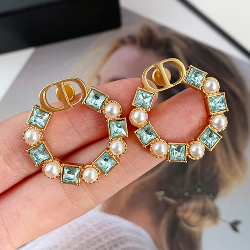 Replica Designer Dior Fashion Letter Rhinestone Imitation Pearl Stud Earrings