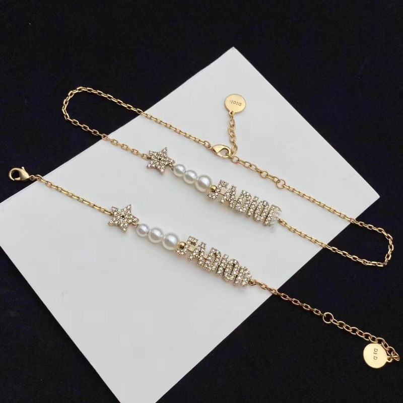 Replica Designer Dior Fashion Rhinestone Alphabet Faux Pearl Necklace And Bracelet