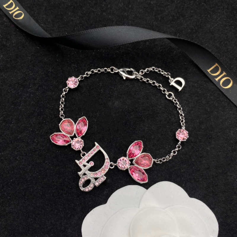 Replica Designer Dior Fashion Rhinestone Letter Pink Petal Bracelet