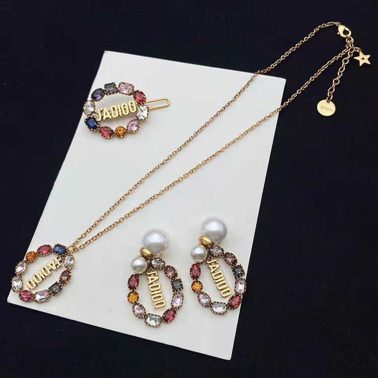 Replica Designer Dior Trendy Multicolor Rhinestone Letter Necklace And Stud Earrings