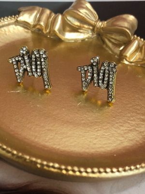 Replica Designer Dior Vintage Gold Letter Rhinestone Stud Earrings