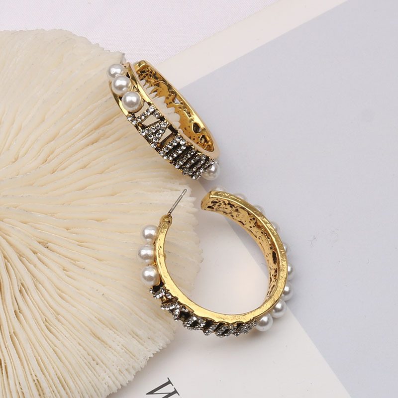 Replica Designer Dior Vintage Imitation Pearl Rhinestone Letter Earrings