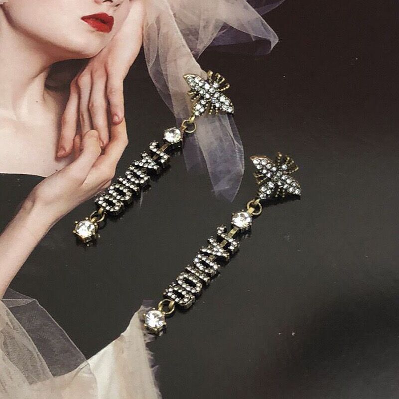 Replica Designer Dior Vintage Long Rhinestone Bee Earrings