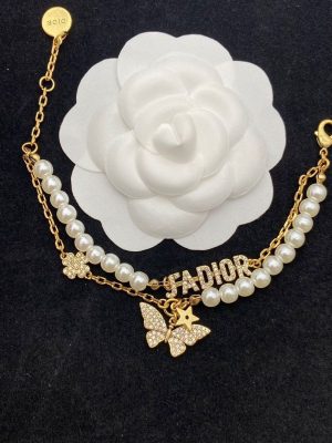 Replica Designer Dior Vintage Rhinestone Metal Chain Pearl Double Bracelet