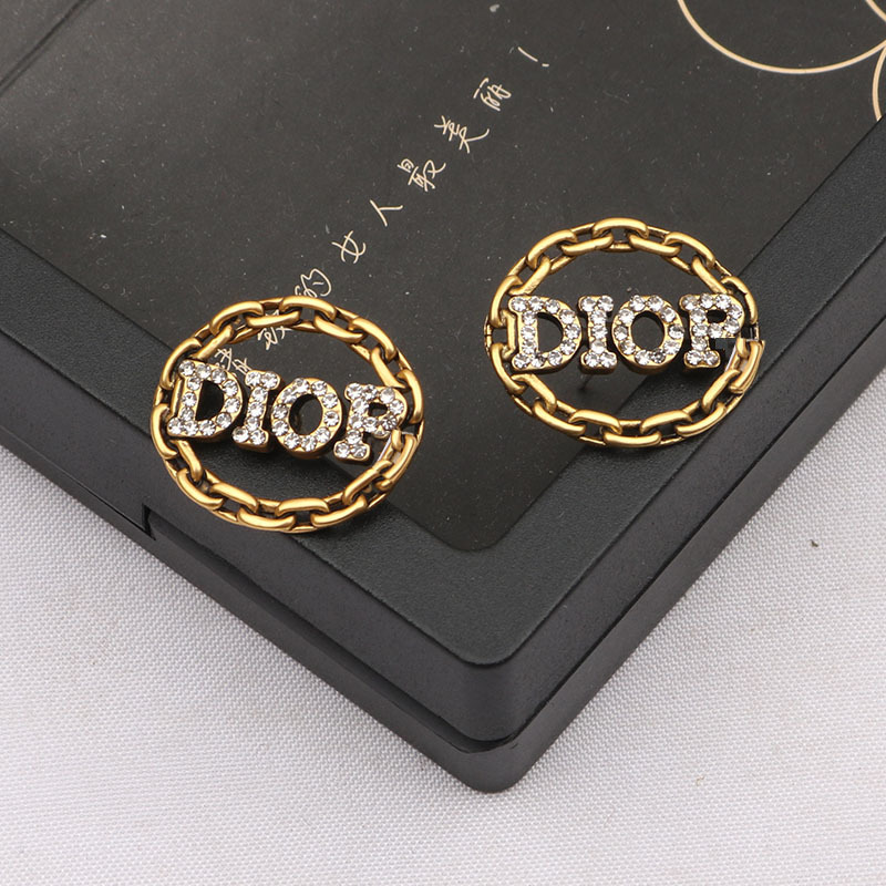 Replica Designer Dior Women Vintage Ring Chain Letter Rhinestone Hollow Stud Earrings