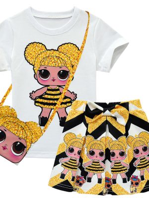 Replica Designer Doll Print Kids Girls Short-Sleeved T-shirt Skirt Summer Clothing Bag Set