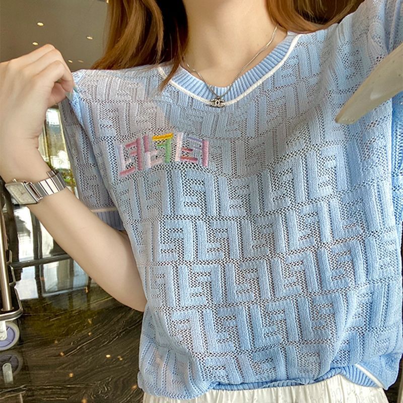 Replica Designer FENDI Women Blue Short Sleeve F Knitted Top